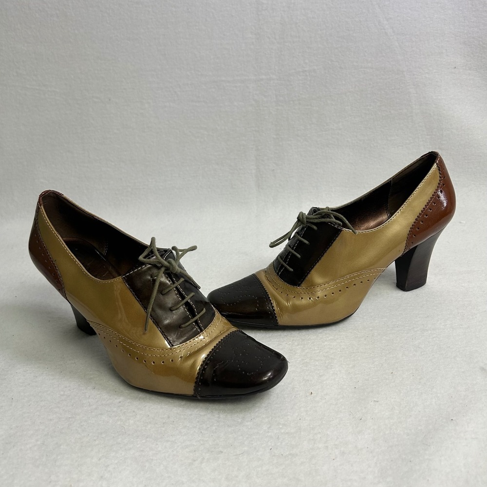 Dark Academia AK Anne Klein Womens 8M Brown Tri-Tone Patent Leather Oxford Pumps